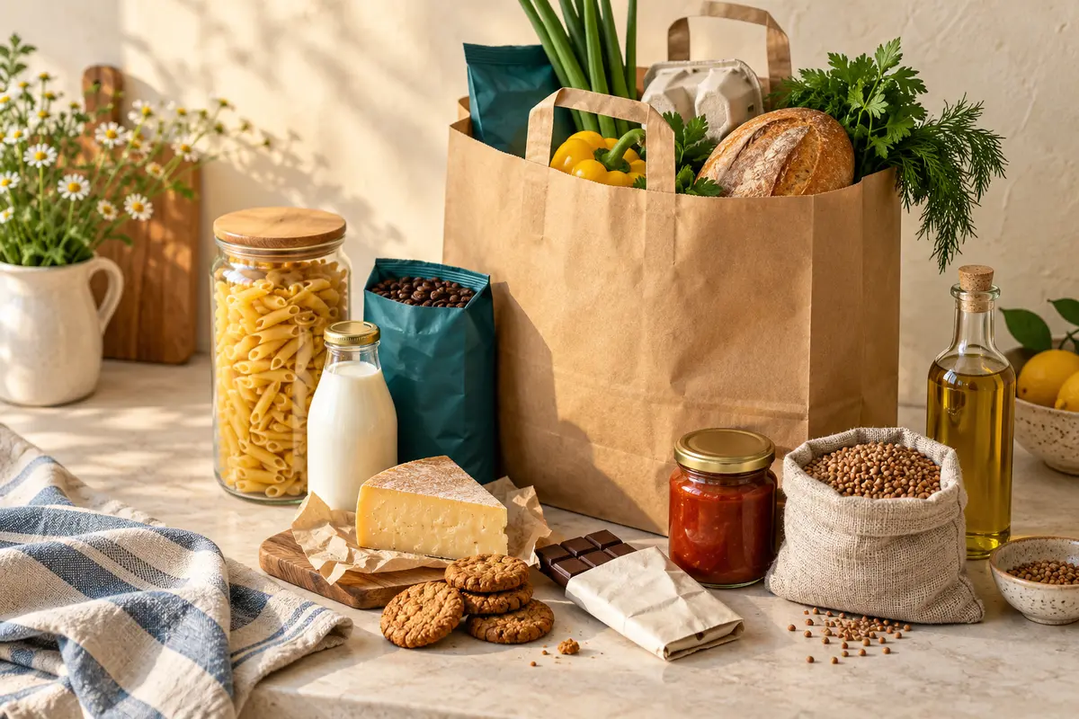 Продуктовая корзина: макароны, молоко, кофе, сыр и продукты к чаю